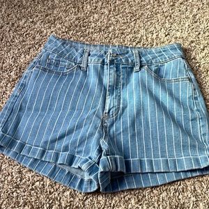 SO high rise, Shorty shorts, light blue with white stripes.